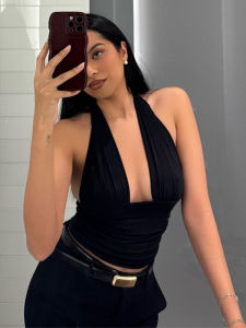 Low Collar Hanging Neck Backless Sling Short Style Small Strapless Dress European And American Street Style Thin Polyester Fabric