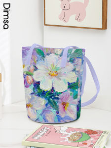 Large Capacity Canvas Tote Bag Dian House French Retro Style Floral Oil Painting Design Womens Bucket Bag with Thin Shoulder Strap
