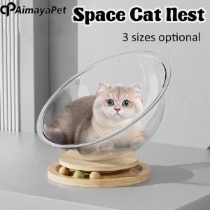 AIMAYAPET 2-in-1 Space Cat Nest Capsule Solid Wood Cat Bed with Catnip Ball Transparency Acrylic Ice Cat House