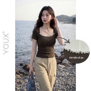 YOUXIANG | Áo Thun Ôm Body Mùa Hè Tay Ngắn Cổ Vuông Màu Café