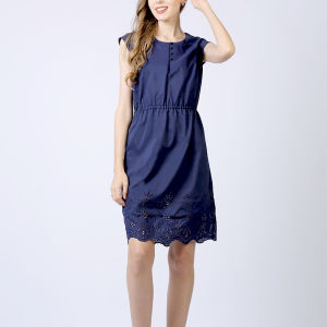 Summer Large Size No Sleeve Womens Fashion High End Blue Cotton Embroidered Backless A-Line Dress New Arrival