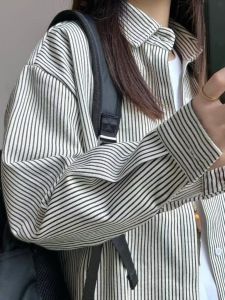 Japanese-Style Retro Cityboy Shirt Men and Women Neutral Long Sleeves Handsome Outwear Striped Innerwear Bandage Dress Shirt OOTD