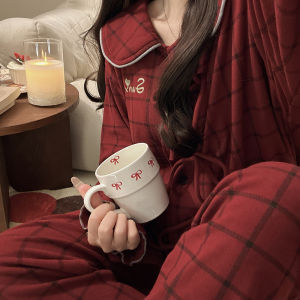 Cute Sweet Japanese Style Plaid Doll Collar Womens Sleepwear Set Autumn Winter Home Clothes Long Sleeve Long Pants Velvet
