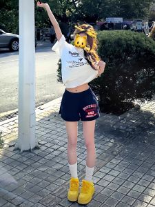 High Waist Sports Shorts Womens Summer Blue Lettering A-Line American High Street Casual Fitness Running Hot Pants Three-quarter Length