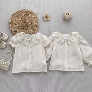 Toddler Baby Girls Lace Peter Pan Collar Blouse Vintage Embroidery Long‑Sleeve Ruffle Cuff Shirt Sweet Kids Spring Autumn Tops
