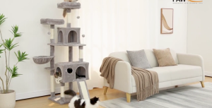 Cat Tree House Wood Cat Climbing Frame with Bowl Ninth Floor Cat Tower Bed Scratcher Toy Multi-Level Cat Tree with Sisal-Covered Scratching Posts Condo Hammock Dangling Ball and Extended Platform