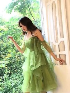【Free Returns】 Recoal Elegant Green Banquet Evening Dress Fairy Temperament Off Shoulder Birthday Princess Dresses Annual Dinner Party Gown