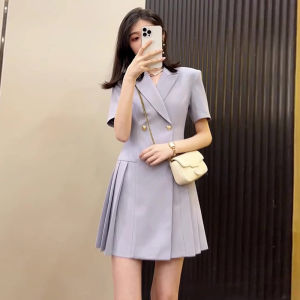 French Style Purple Suit Dress Womens Summer High End Quality Formal Occasion Small Size Gentle Wind Pleated Skirt