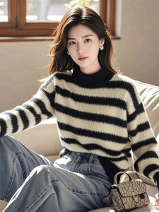 Ladies round Neck Knitted Sweater Striped Base Layer Top Soft Warm High Collar Autumn Winter Fashion Commute Loose Fit Long Sleeve