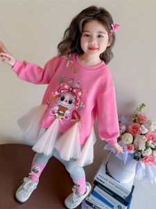 ชุดสองชิ้นสเวตเตอร์คอกลมแขนยาวสำหรับเด็กผู้หญิง เสื้อผ้าทำงานฤดูใบไม้ร่วง 2025 ใหม่ เสื้อผ้าเด็กผู้หญิงสุดเก๋