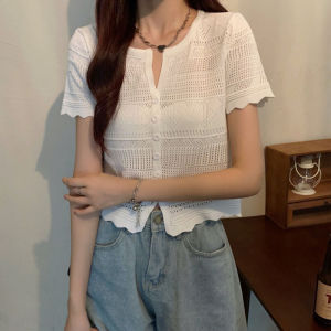 SIS Women Blouse V Neck Knitted Short Sleeved T-shirt Women Hollow Thin All-match Gentle Short Top