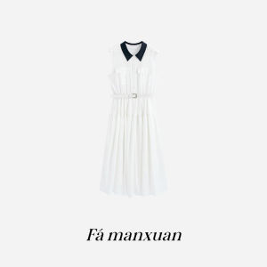 FAMANXUAN | Đầm Áo Sơ Mi Không Tay Cotton Pháp Có Cổ Đối Lập Dáng Ôm