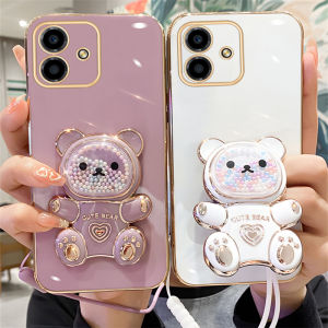 Ins Phone Case Realme C75 Note 60x Note60x 4G New Trend Cute Cartoon Ultra-thin Soft Casing with Fashion Quicksand Bear Stand and Lanyard 2025