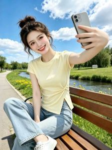 Waist-accentuating Irregular Cut Yellow Tshirt Short Sleeves
