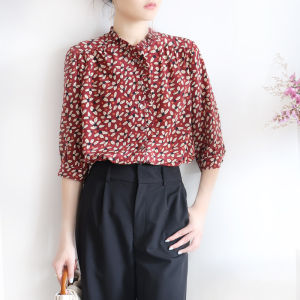 Printed  Silk Crepe Shirt 3/4 Sleeve Wooden Ear Standing Collar Loose Womens Blouse