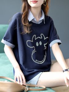 Summer Thin Loose Womens Sweatshirt Fake Two-Piece Polo Collar Splice T-Shirt Korean Style Creative Cartoon Print Short Sleeve
