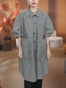 QINGNAER | Vintage Japanese Style Large Bird Checkered Double Pocket Turn-Down Collar Half-Sleeve Loose Fitting Long-Shirt