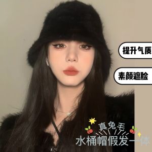 Womens Wig Bucket Hat Fisherman Hat Real Rabbit Fur Face Slimming Whole Head Long Hair Fake Hair Natural Style Daily Use