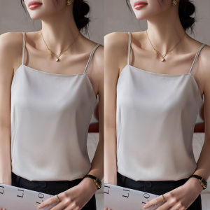 Ice Silk Straps Vest Womens True Silk Satin Suit Camisole Sleeveless Top Summer New Style Cat Girl Fashion Leisure Pure Color