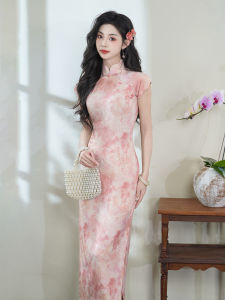 Young Girls New Chinese Style Cheongsam Dress Pink Colorful Floral Pattern Short Sleeve Long Gown Traditional Chinese Fashion