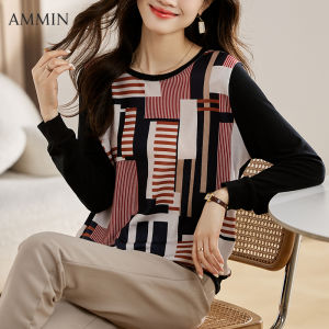 AMMIN 2023 new simple round neck fashion personality color patchwork long sleeve thin elastic knit T-shirt woman Korean style autumn-vintage geometric print casual elegant blouse