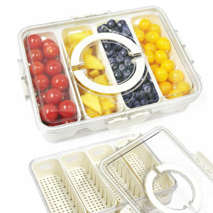 Divided Serving Tray Fresh-keeping Box with Lid&Handle 4 Compartments Snacks Box Snack Fruit Tray Veggie Tray Portable Snack