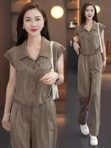 Elegant Ageless Sleeveless Drapey Set Womens Style 2025 New Summer Small Size Wide Leg Pants Blouse Two Piece Set Fashion