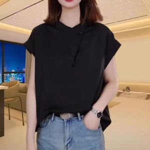 Shalldoer | Loose Fit Casual Short Sleeve T-Shirt Womens Stand Collar Elegant Small Flying Sleeve Summer Slimming Versatile Top