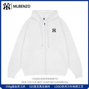 ali9MLB&NY เสื้อสเวตเตอร์ถักซิปฤดูใบไม้ผลิและฤดูใบไม้ร่วงที่มีคุณภาพสูง 350g แขนยาวชายมีฮู้ดปักลายแบรนด์แฟชั่นทรงหลวม