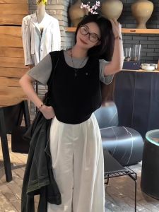 Áo Thun Tay Ngắn Màu Tương Phản Kiểu Pháp Thiết Kế Nhỏ Cho Nữ Mùa Hè Nhỏ Nhắn Độc Đáo Đẹp Áo Thun Tay Ngắn Thường Ngày