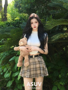 Summer Outfit Korean College Style Skirt Shoulder Length Short Sleeve Beach Travel Two Piece Set High Waist Gingham Print