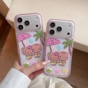 Sanrio | Luxury Cute Cartoon Beach Vacation Style Phone Case For iPhone 17 Pro 16 15 Pro Max Transparent Soft Shockproof Protective Cover
