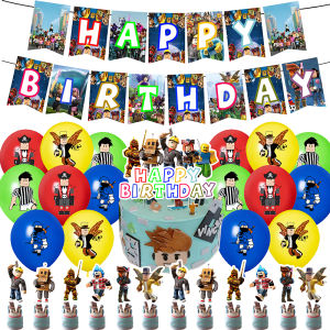 Cartoon Roblox Blue Balloons Theme Birthday Party Decorations Virtual World Background Supplies Banner Cake Topper Kid Toy Gifts