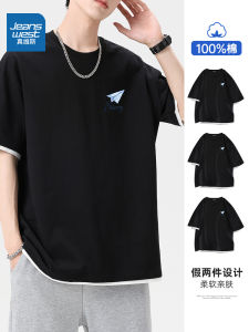 Jeanswest 2024 New Mens Short Sleeve T-Shirt Pure Cotton Five-Quarter Length round Neck Casual Top Summer Fashion Trend