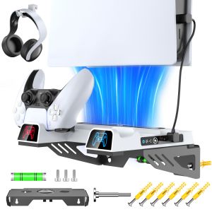 PS5 /PS5 SLIM/PS5 PRO Wall Mount Kit with 3-level Cooling Fan and Dual Charging Station PS5 Shelf Mount Compatible with Playstation 5 Disc & Digital PS5 Cooling Station for PS5 Accessories with Headset Holder Extra USB Hub