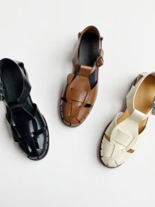 Giày Sandal Mary Jane Dệt Da Gót Phẳng Retro Hereu Giày La Mã Đế Bằng Cho Nữ Có Khóa Dây Dáng Rộng Mùa Hè 2022