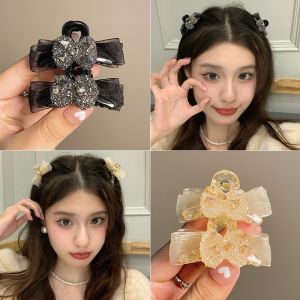 2Pcs Double-sided Bow Small Grab Clip Mesh Rhinestone Hair Clip Women Girls Temperament High-end Broken Hair Bangs Clip