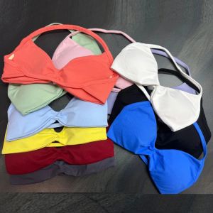 Women High Support Thin Strap Halter Sports Seamless Bras Scrunch Push-up Workout Yoga Tank Tops