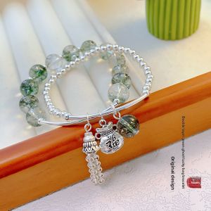 Two-Layer Silver Beads Bracelet Explosion Flower Simulated Green Ghost Hand Chain White Enhancing Gift for Best Friend Student