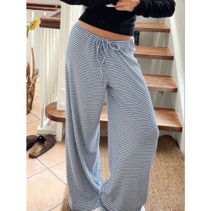 High Waist Loose Straight Casual Pants Striped Comfortable Long Trousers for Women Milk Silk Fabric Winter Home Clothes