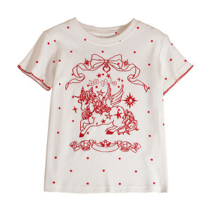 Heavy Embroidery Unicorn Pony Polka Dot Round Neck Ruffled T-shirt
