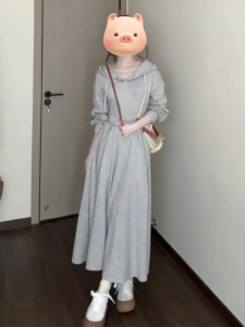 Gray Hoodie Dress Womens Korean College Style Autumn Slimming High Waist A-Line Skirt Long Sleeve Casual Comfortable Dress