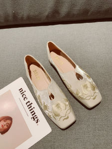 Retro Flat Bottom Single Shoes Womens Spring Summer New Style Square Head Embroidered Soft Bottom Hanfu Cheongsam Bean Shoes