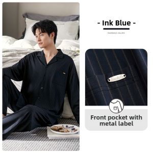 JIALEFEN | Mens Pure Cotton Long Sleeve Striped Pyjamas