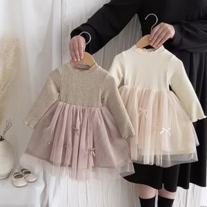 Autumn and Winter Fashion Toddler Girls Long Sleeve Mesh dress Pit Strip Ear Edge Bow Mesh Autumn and Winter dress Princess Gift