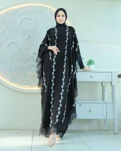 SPECIAL LEBARAN KAFTAN NADIRA MATERIAL BEYOURT JET BLACK MOTIF 3D DENGAN RENDA BRUKAT FREE SIZE// KAFTAN LEBARAN TERBARU SUPER CANTIK BEST QUALITY
