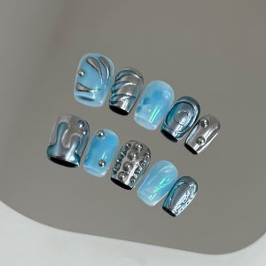 10pcs Handmade Press on Nails Y2k Liquid Metal Design Fake Nails for Women Girl Wearable Blue Ocean Short Coffin False Nails