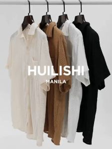 HUILISHI Hollow design casual mens plain short-sleeved shirt/vacation style shirt