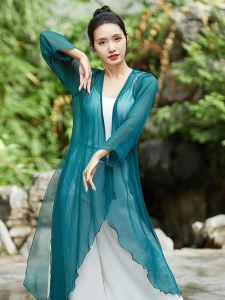 Elegant Long Classical Dance Practice Suit Womens Ethnic Drifting Shawl Cardigan Georgette Performance Outfit Set