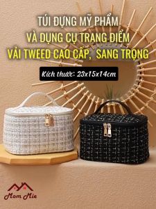 [Mới] Túi đựng mỹ phẩm dụng cụ trang điểm vải Tweed sang trọng cao cấp chống thấm 23x15x14cm - T030. Makeup bag
